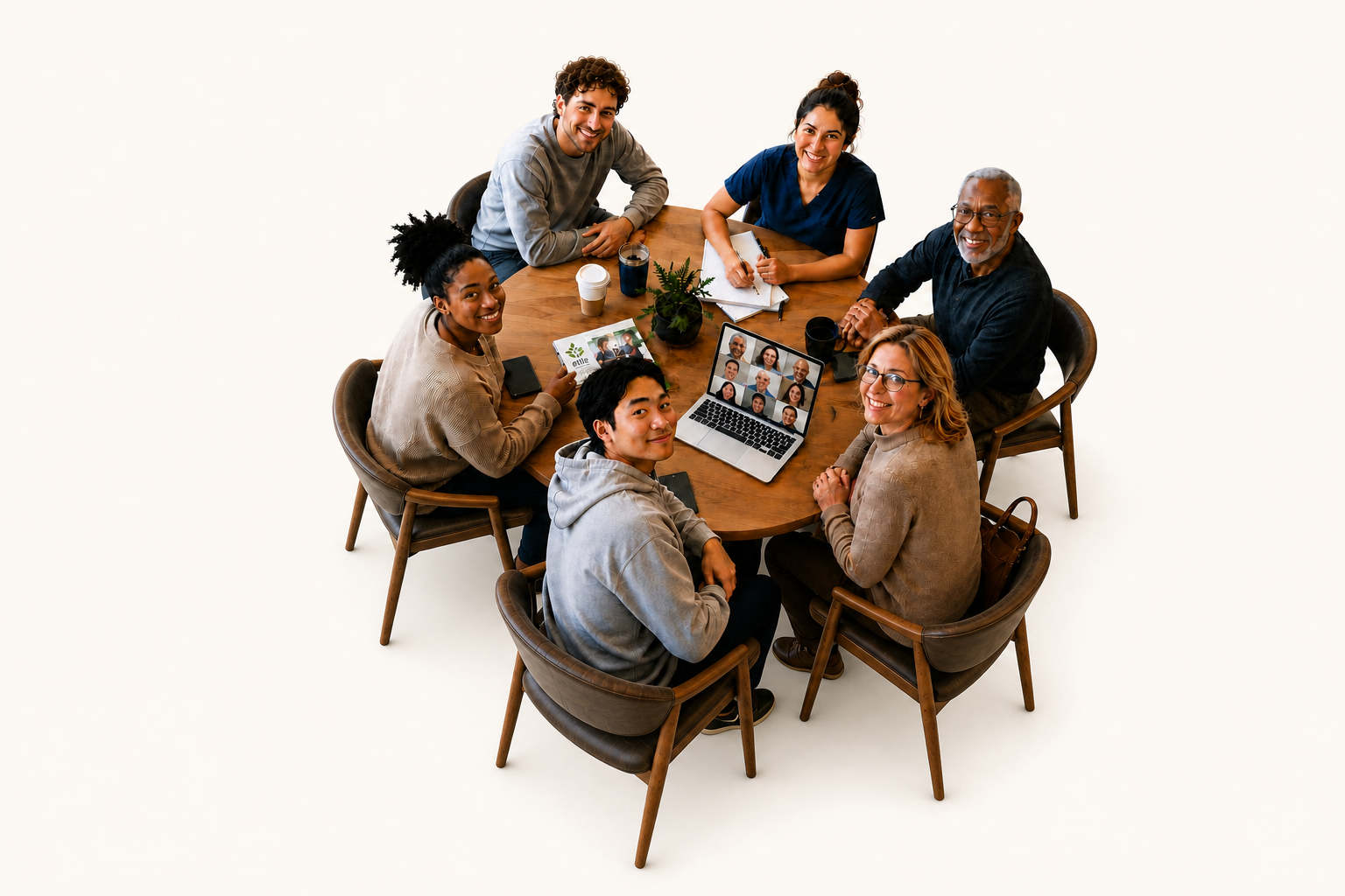 Ettle students, working professionals, and retired professionals gathered around a table